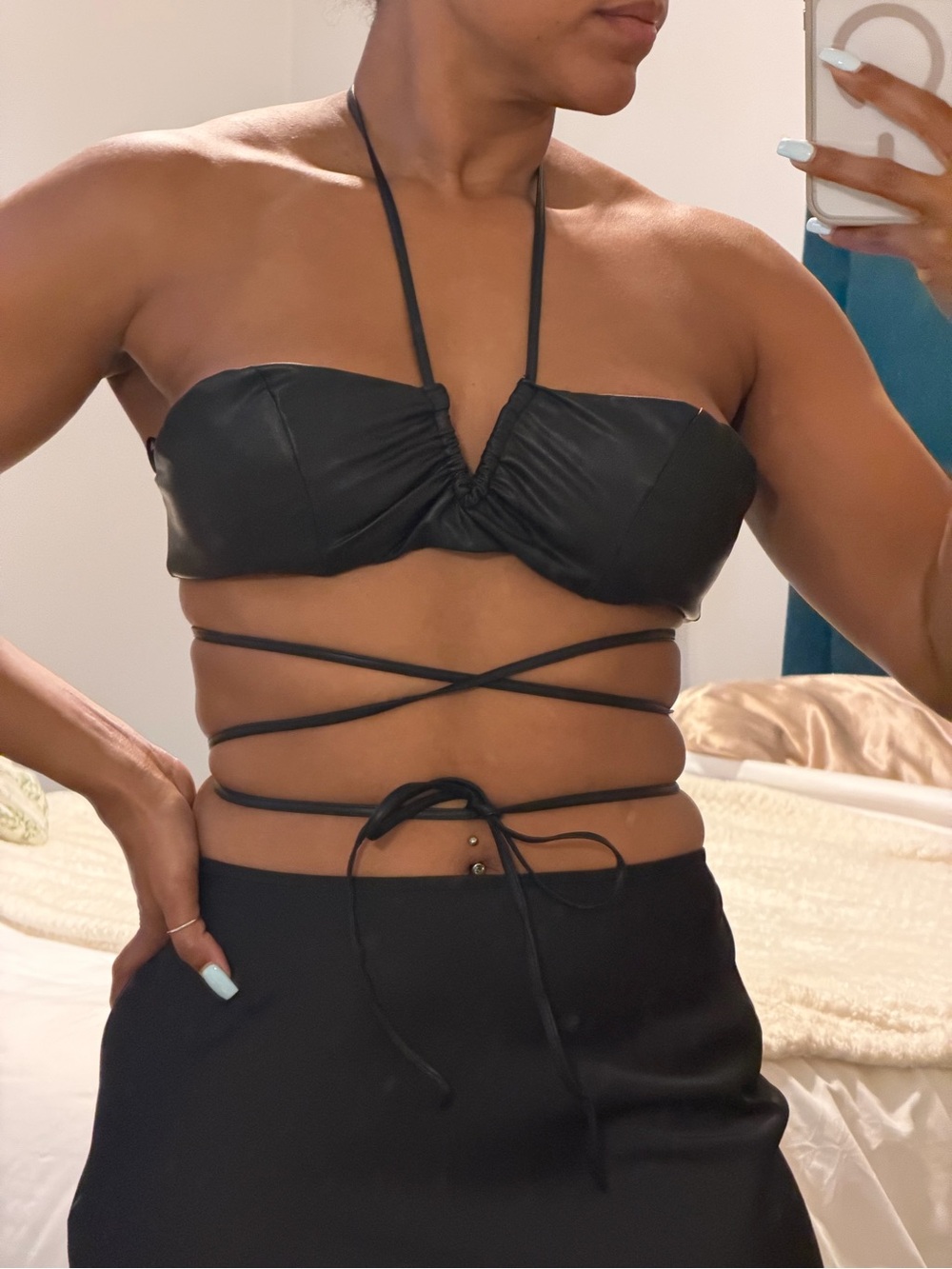 ✨NWT‼️ ZARA Black Faux-Leather Bandeau Top with Wrap Ties
